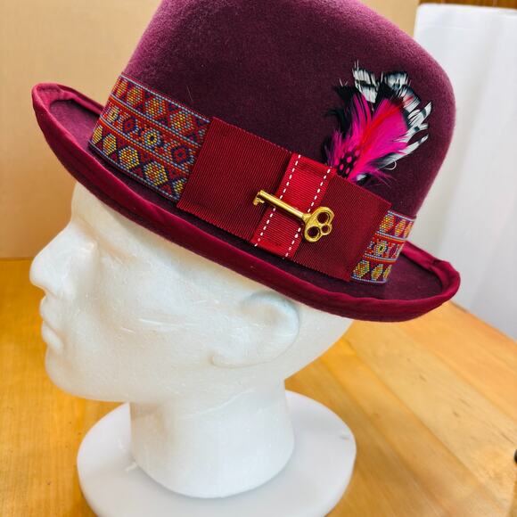 Handmade Burgundy Felt Fedora Hat Feather Key Accent One of  display picture 1